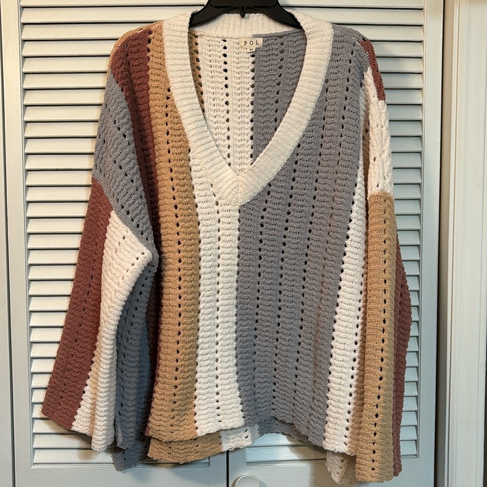 POL sized M, V-neck sweater, but very oversized gray, cream, mustard, & rust